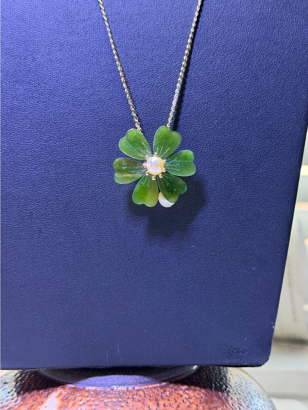 Jade Green Nephrite Hand carved Flower Pendant Necklace with Faux pearls 20”
